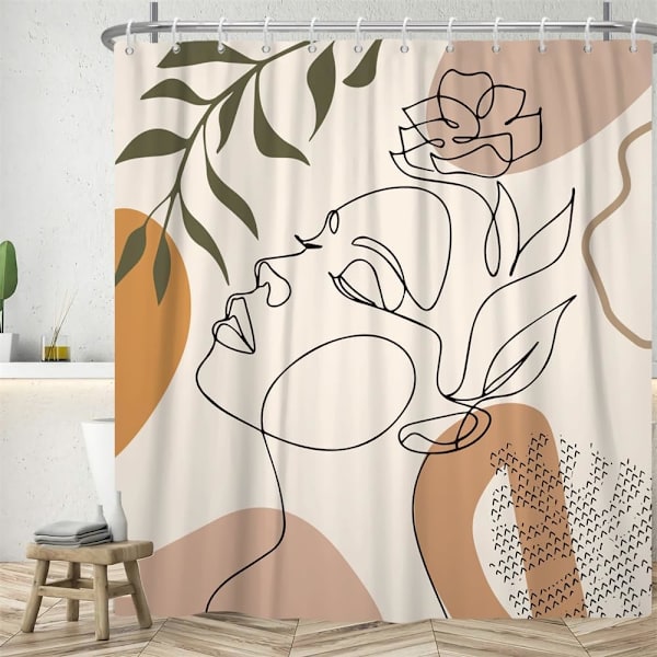 180Lx180Hcm Abstrakt Ansikt Dusjforheng, Svarte Dusjforheng Minimalistiske Linjer Badeforheng Anti-Mugg Vanntett Polyester Stoff Vaskbart Baderom