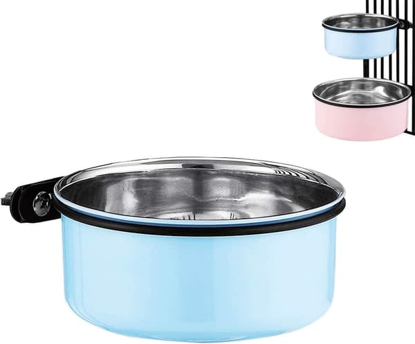 2-i-1 hengende hundeskål, rustfritt stål, for mellomstore hunder (blå)