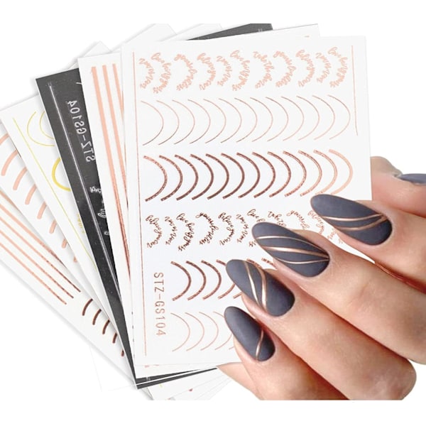 French Metallic Line Nail Art Stickers Decals 8 Sheet Self-Adhesive Rose Gold Metal Curve Stripe Des