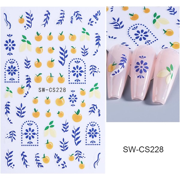 5 Ark Frukt Nagelstickers för Nagelkonst - 3D Självhäftande Nagelkonst Stickers Citron Jordgubbe Blåbärsdesign Blommor Nageldekaler Manikyr Tillbehör