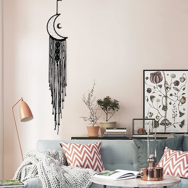 Sort Månedrøm Fangst med Håndlavet Vævet Bomuld Drømfanger Boho Makramé Væghængning Hjem Dekoration Ornament Cr