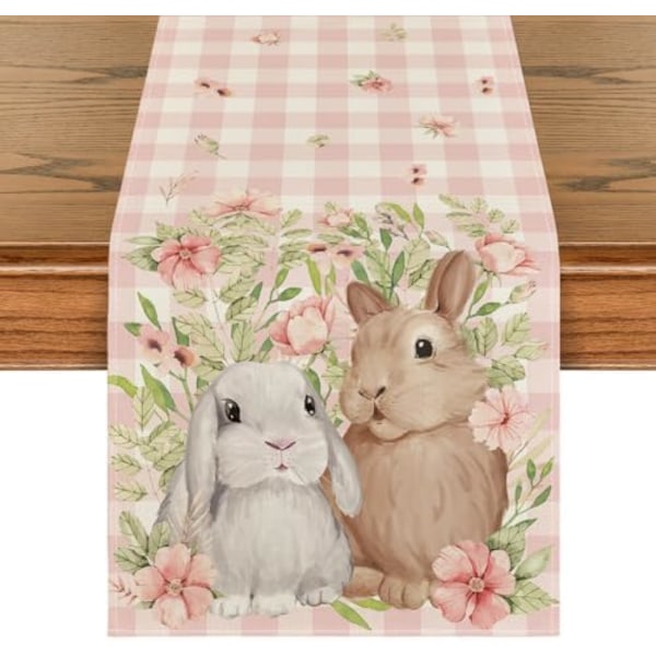 Bunny Rabbit Flowers Leaves Pink Buffalo Plaid Easter Table Runner, Spring Kitchen Dining Table Decoration for Home Part