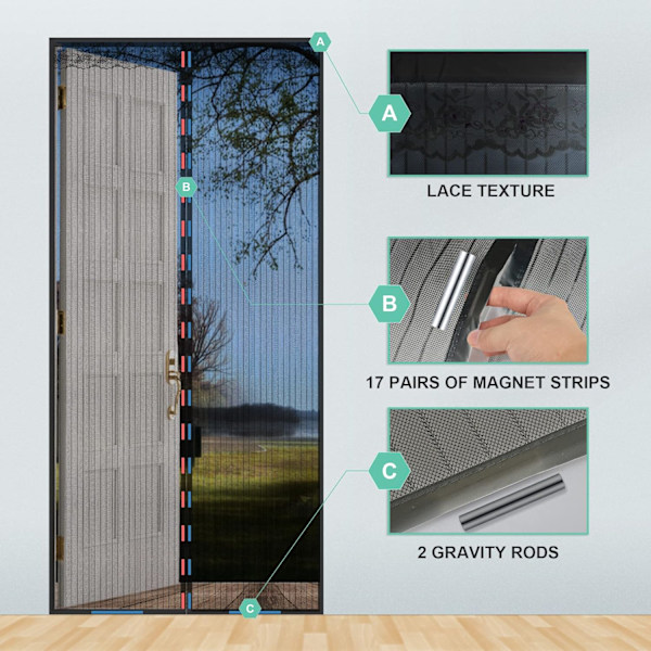 Insektnettdør, flueskjerm for dører 90X210cm, anti-mygg polyester mesh skjermdør wi