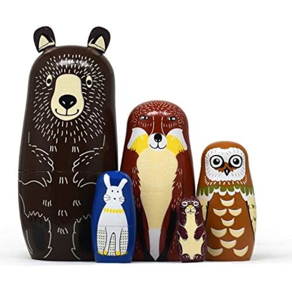 Björnar Trämatryoshka Dockor för Barn Handgjorda Söta Cartoon Djur Mönster Nesting Doll Leksak Staplingsdocka Set om 5