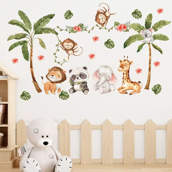 2 Ark med 12x24 tum Skog Kokosnötträd Väggdekal Woodland Apa Panda Lejon Giraff Elefant Väggdekaler 3D DIY Pe