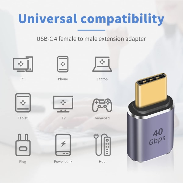40 Gbps USB C-adapter, USB-hane til USB C-hunn adapter støtter 8K@60Hz og 100W hurtiglading, komp
