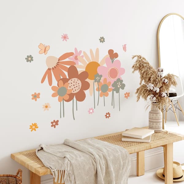 Färgglada Blommiga Väggdekaler Retro Boho Blommiga Väggdekaler Stor Trädgårdsblommiga Väggdekaler För Vardagsrum Sovrum
