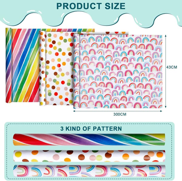 Set med 3 presentpappersrullar, 43×300cm, presentpapper, presentpappersrulle för skolstart, födelsedagar, bröllop, jul