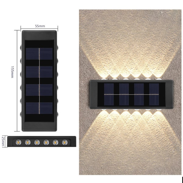 2 pakke solcellevæglamper udendørs, 12 LED vandtæt solar hegn L