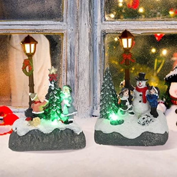 2 stk Julelandsbysett, Snømann Tre Nisse Julelelandsby Scene med Figurer LED Lys Julelelandsby Tilbehør