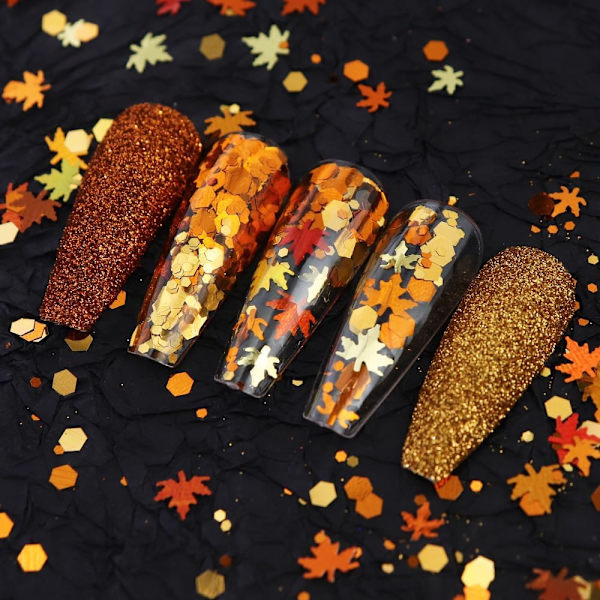 Gyllene Höst Nagelkonst Glitter Lönnlöv Nagel Sekvenser, Höstlöv Nagel Dekoration Tillbehör 3D Lönnlöv Naglar