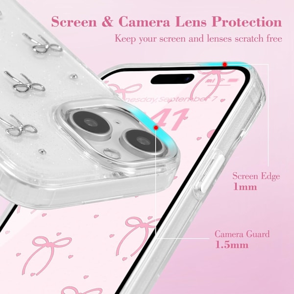 iPhone 15 Kuori Bling Glitter 3D Rusetti Puhelinkuori Söpö Kimalteleva Kristallinkirkas Rusetti Esteettinen Muotoilu Kuori Ohut Pehmeä Kestävä TPU Läpinäkyvä Suoja