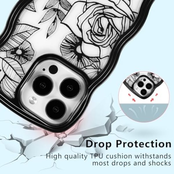 iPhone 15 Pro Max Skal, Söt Blommig Ros Vågigt Lockigt Vågrams Transparent Estetiskt Telefonfodral för Kvinnor Flickor, Smalt TPU Stötskydd