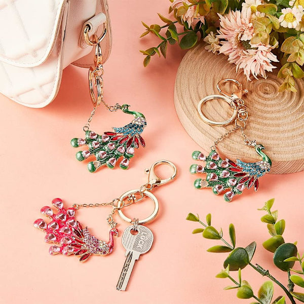 2 stk. Påfugl nøglering legering emalje nøglering funklende rhinestone nøglering påfugl vedhæng krystal ke