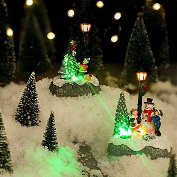 2 stk Julelandsbysett, Snømann Tre Nisse Julelelandsby Scene med Figurer LED Lys Julelelandsby Tilbehør