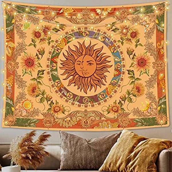 Keltainen Aurinko ja Kuu -kattotapetti Vintage Indie Boho -kattotapetti Seinävaate Auringonkukilla Perhosella Koilla Tähdistöllä Esteettisellä