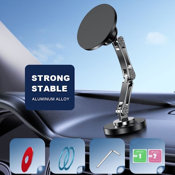 Tablet-telefonholder, biltelefonholder i aluminiumlegering med magnetisk sug, 360 graders rotation
