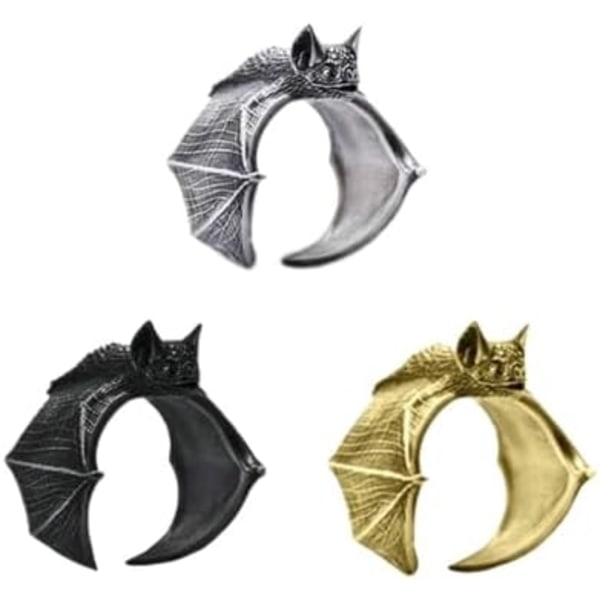 3 stk Vintage Halloween Flaggermus Ringer Sett for Kvinner Menn Gothic Flaggermus Ring Åpen Justerbar Svart Punk Flaggermus Ving Ring Gull Knuckle