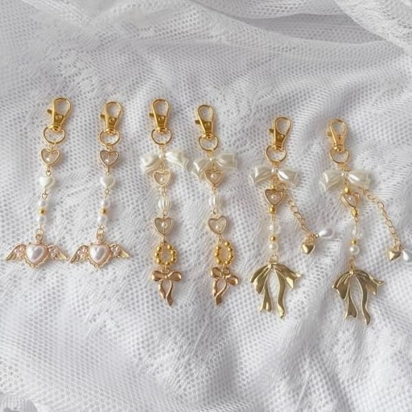5-pack 14 cm Gyllene Rosett Nyckelring Väska Charm för Kvinnor Hjärta Pärla Pärlor Coquette Estetisk Handväska Charm
