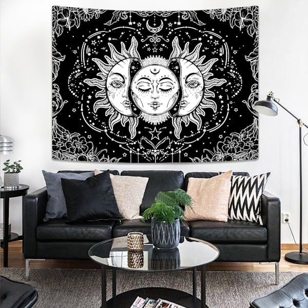 Svart og hvitt sol og måne veggteppe, brennende soltepper Aes