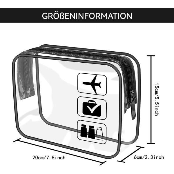 3 delar genomskinlig toalettväska set, genomskinlig flygplanspåse,