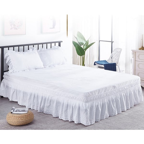 Hvid, KING 180X200+38cm, hulbroderet sengetæppe, støvtæt, amerikansk elastisk sengenederdel, princ
