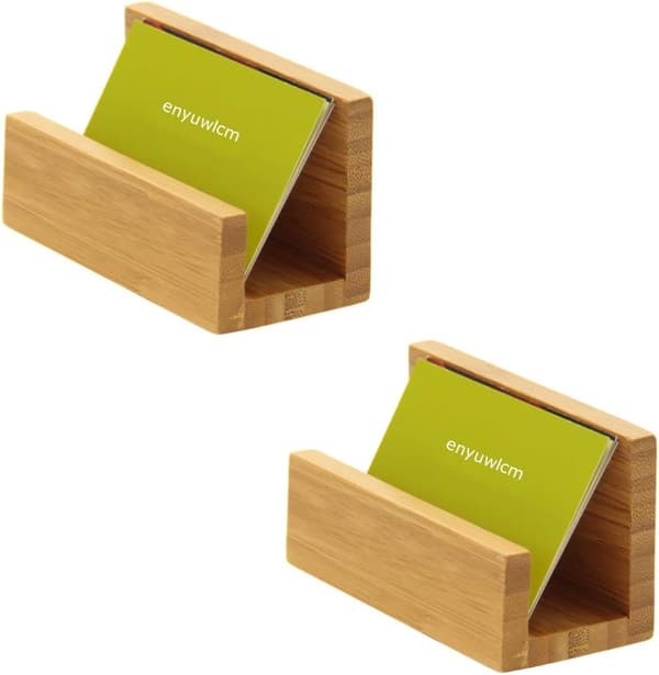 2-pakning Bambus Tre Skrivebord Visittkortholder Display for Skrivebord Solid Visittkortstativ for Kontor Bordplate Organizer