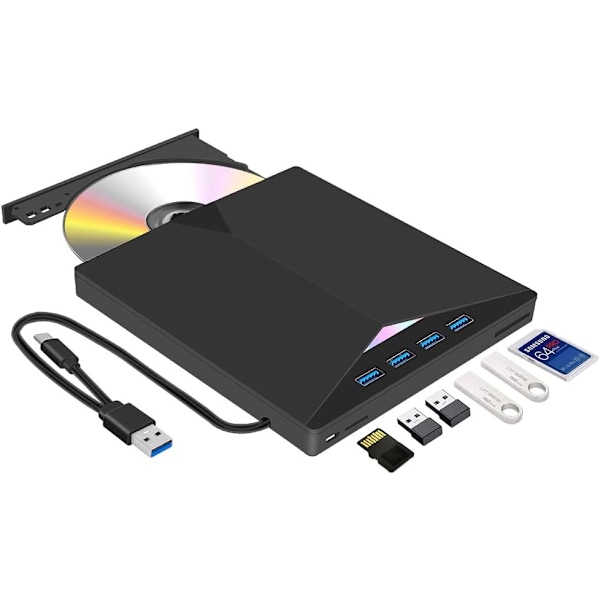USB 3.0 ja Type-C ulkoinen DVD/CD-ROM-lukija ja poltin SD/TF-kortti- ja USB-lukijalla, CD-RW VCD f