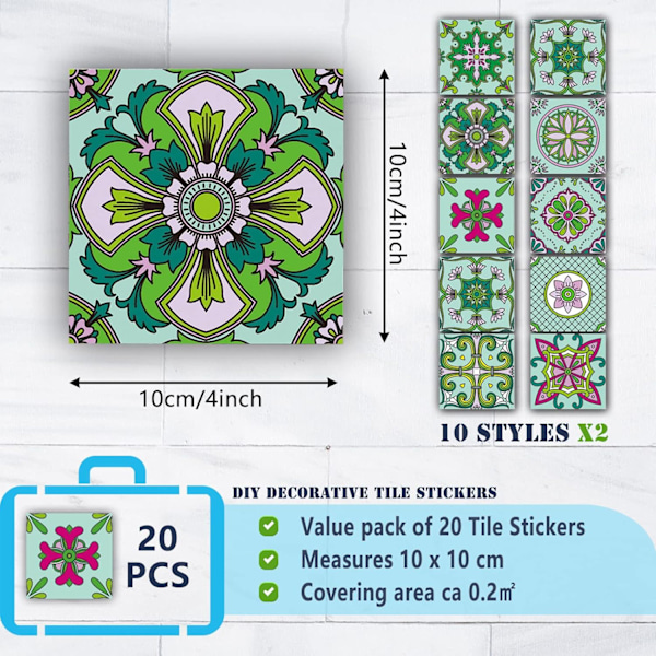 20 Stycken Kökskakeldekaler Självhäftande Väggkakel Badrumsdekaler Väggdekorationsdekaler PVC Vattentät Mosaik Retro Stil (10x10cm, Grön)