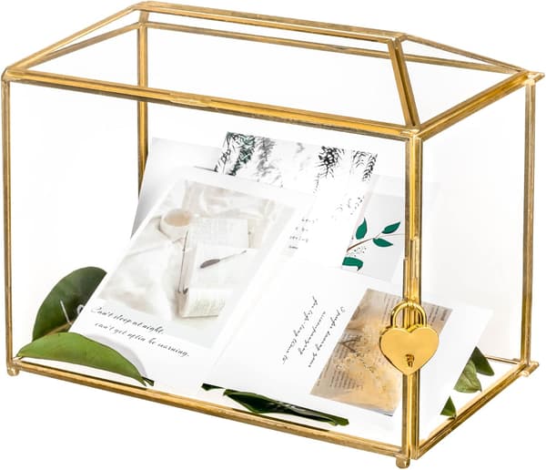 26 cm håndlavet vintage geometrisk guldkortæske i glas med rektangulær base til bryllupsreception
