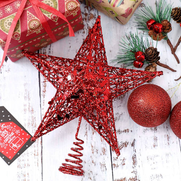 Rød metall glitter juletrepynt 6 tommer Xmas tretopp hult ledning stjernepynt for Xmas hjem de