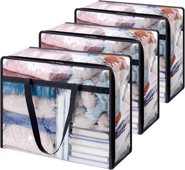 Set med 3 transparenta 40L förvaringsväskor, PVC-klädförvaringsväskor, vikbart påslakan med handtag
