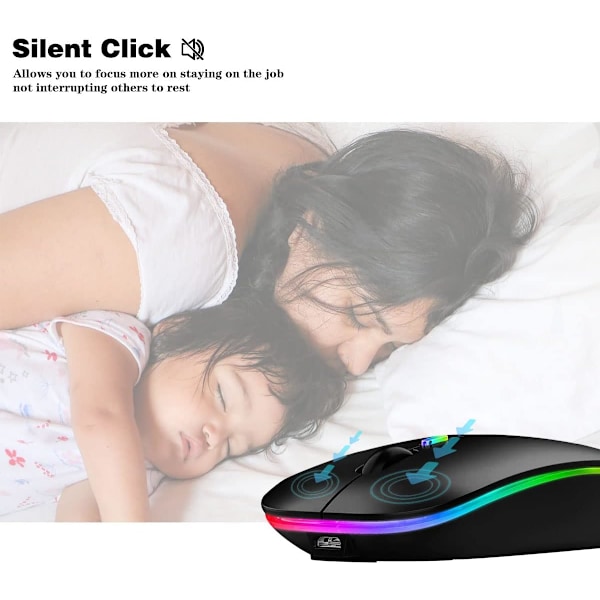 (Musta) 02.4G Langaton Kaksoistila Bluetooth-hiiri, LED Latautuva Hiljainen Ultraohut Kannettava Hiiri, P