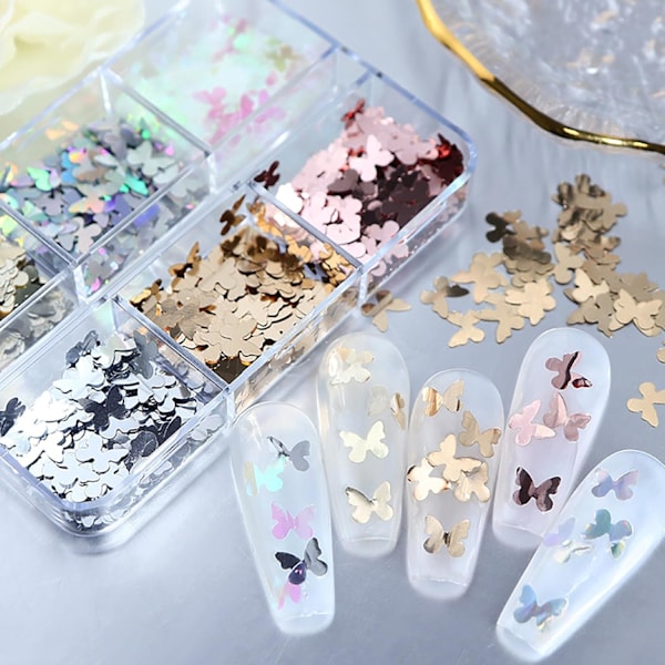 1 Set Vår/Sommar Nageldekoration - 6 Fack med Retro Holografiska Laserfjärilsglitterpaljetter, Delikat Nagelkonstdekal