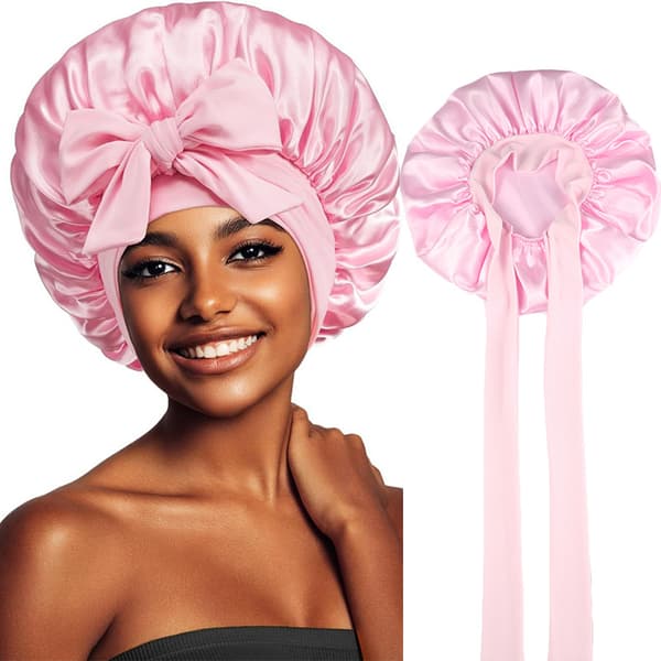 Silkehætte til sovende kvinder Satinhætte Dobbeltlag Satinforet hårhætte med bindebånd Krøllet hår Blush Pink 36 cm