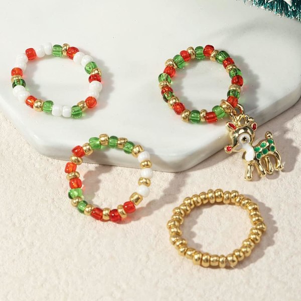 1,7×1,7×0,3 cm Julringar Pärlring Set Färgglada Pärlade Stackningsringar med Tomteälg Charm Elastiska Fingerringar Smycke
