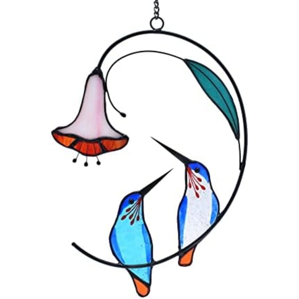 15cm 2-pack Kolibri med Blomma Färgat Glas Solfångare Fågel Färgat Glas Fönsterhängande Kolibri Present för Hemmet D