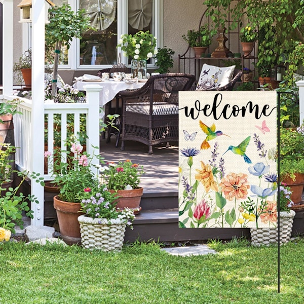 Hummingbird Forårsblomster Haveflag 12 x 18 Tommer Dobbeltsidet, Sæsonbestemt Velkommen Have Udendørs Flag