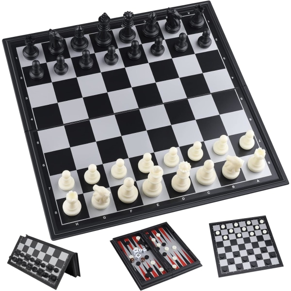 31x31cm 3 i 1 sjakkbrettspill, magnetisk sjakkbrett med sjakk, dam, backgammon for barn og