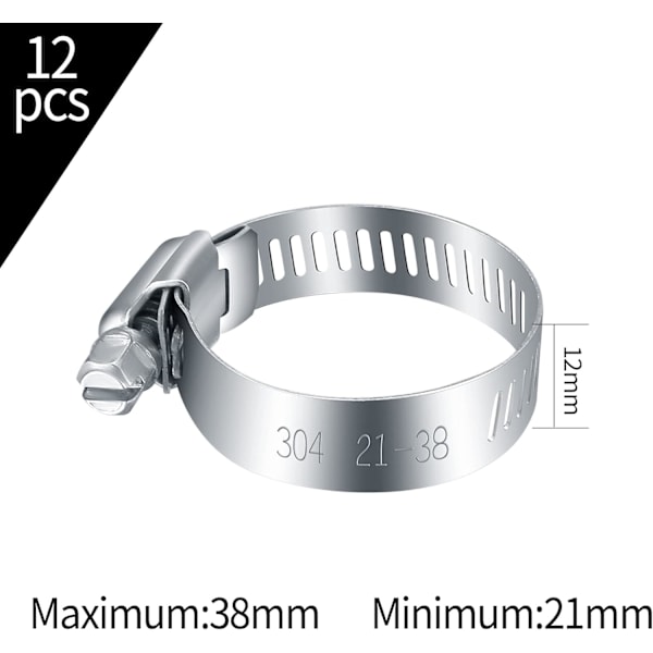 12 stk. justerbare slangeklemmer 21-38 mm, slangeklemmer skrue 304 rustfrit stål metal til vandrør, gastank, bil