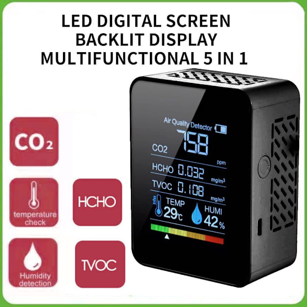 Kuldioxiddetektor 5 i 1 Indendørs luftkvalitetsdetektor CO2 Digital TVOC HCHO Meter Temperatur H