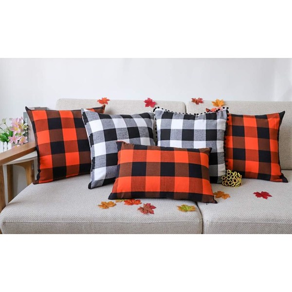 Sæt med 2 Buffalo Farmhouse Plaid pudebetræk Polyester Linned pudebetræk til efterår Hallowee