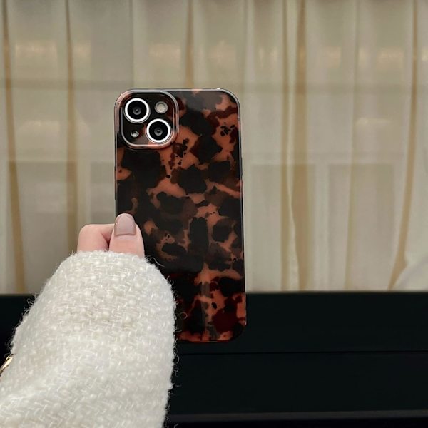 Skildpadde-Retro Telefonhus Kompatibel med iPhone16ProMax2021 Chic Amber Brown Leopard Print Mode Klassisk Blød Ul