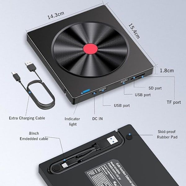 Extern CD/DVD-brännare USB 3.0 LMEN Bärbar extern CD-R