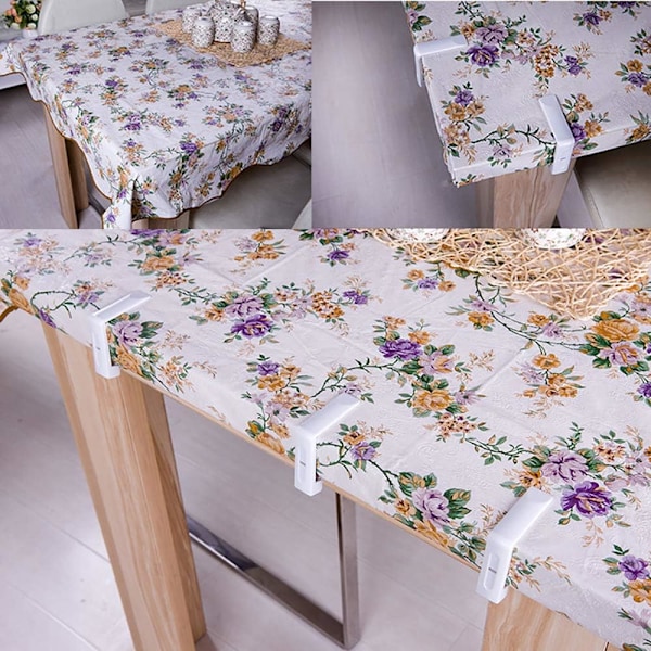 Paket med 4 vita bordsduksklämmor i plast med justerbar högspänningsklämma, bords tjocklek ca. 4,5 cm, bordsklämma för trädgård, picknick, fest, kit