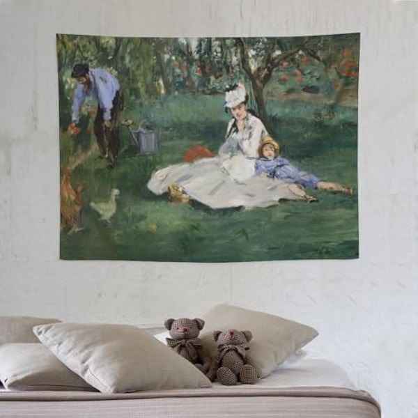 95x73cm Edouard Manet Gobeläng Monet-familjen i trädgården Impressionistisk konst Gobeläng Bildtryck Gobeläng Väggmålning