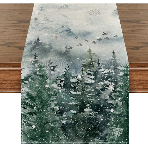 Green Tree Snow Christmas Table Runner, Seasonal Winter Holiday Kitchen Dining Table Decoration for Home Party Decor 33x