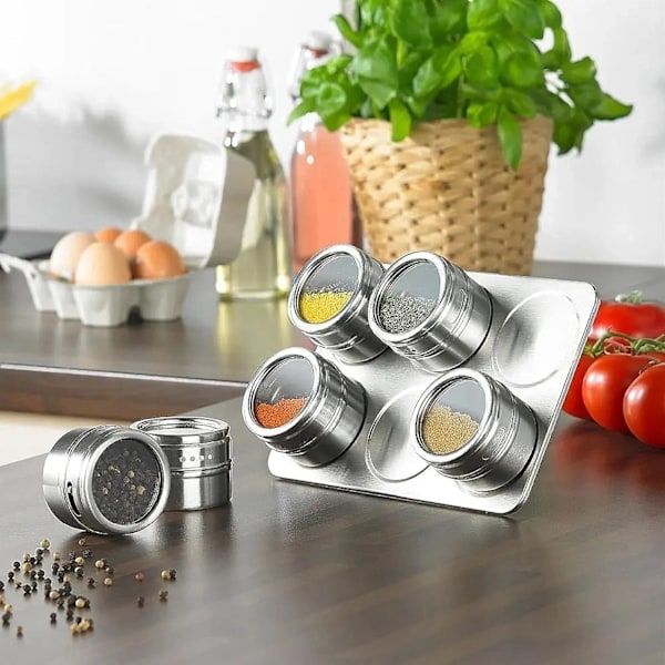 Krydderkrukkesett, Magnetiske krydderkrukker i rustfritt stål, Kjøkkenmester med oppbevaringskrukker, Unik design