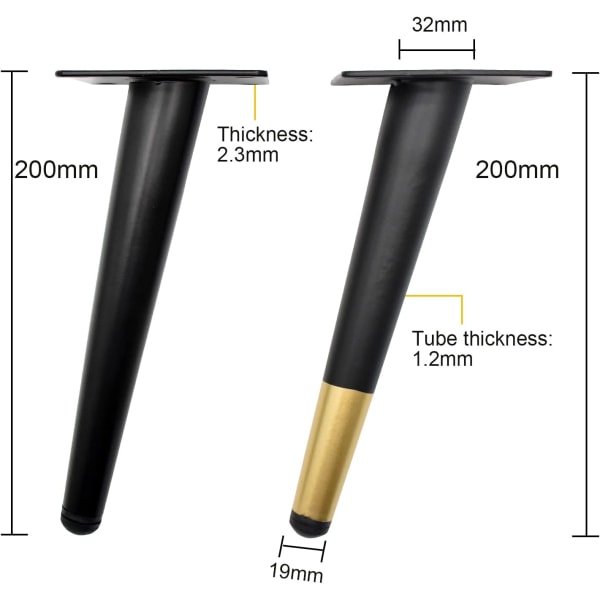 4-pakks sorte og gullfargede møbelben i metall, 20 cm erstatningsben for TV-stativ, underskap og garderobe
