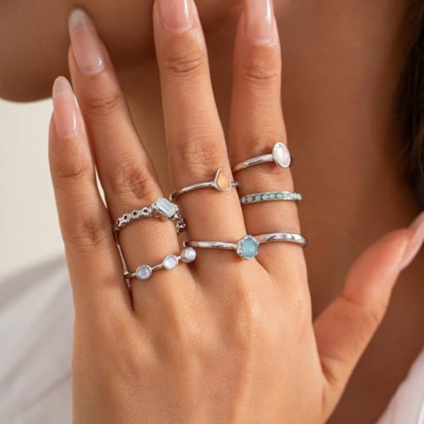 7 st. Statement Enkla 14K Guldringar Set för Kvinnor, Trendig Charm Tiny Stacking Bling Zirkon Silver Fingerringar Söt Pro